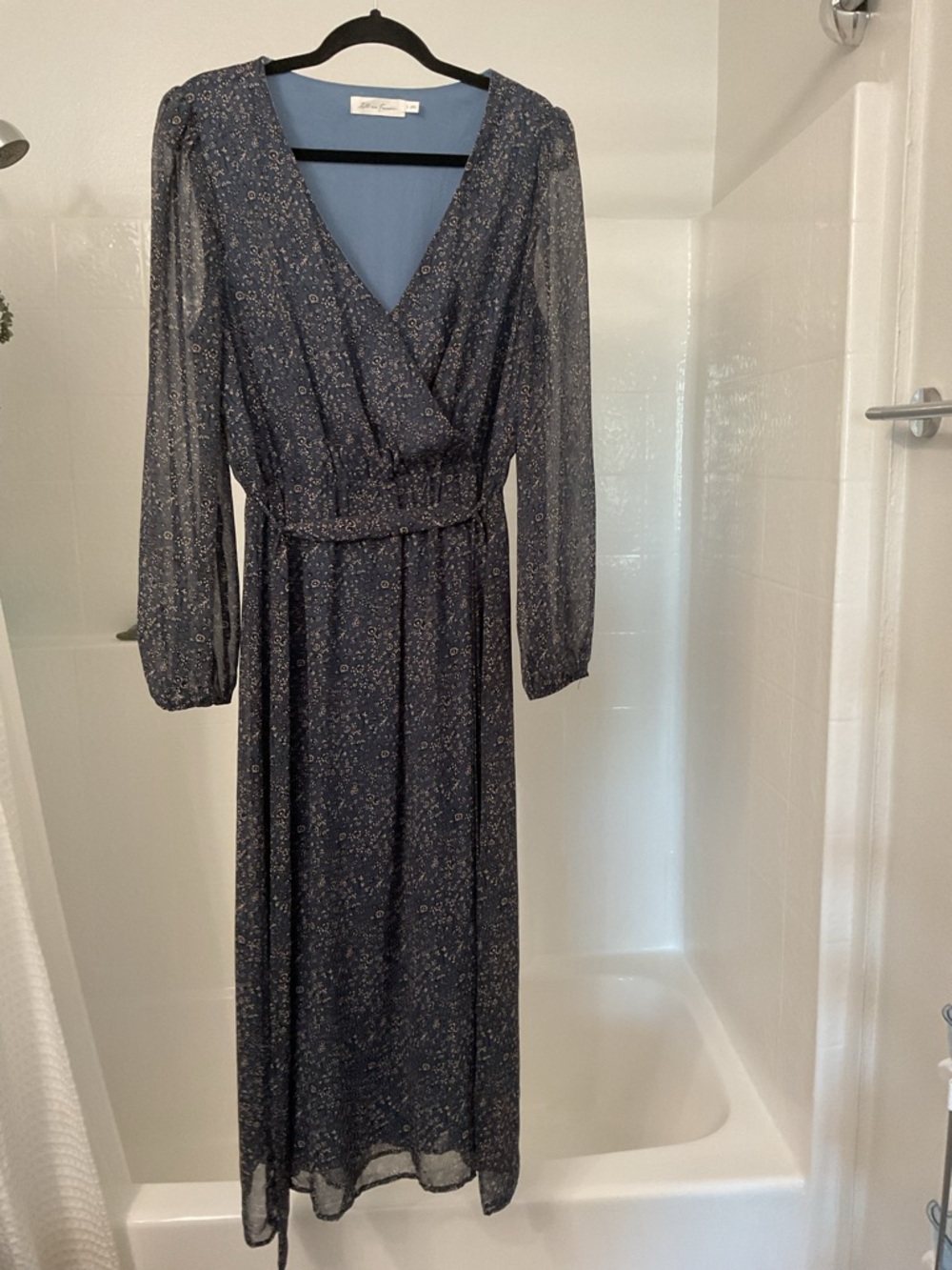 All in Favor Navy Long Sleeve Floral Wrap Maxi Dress